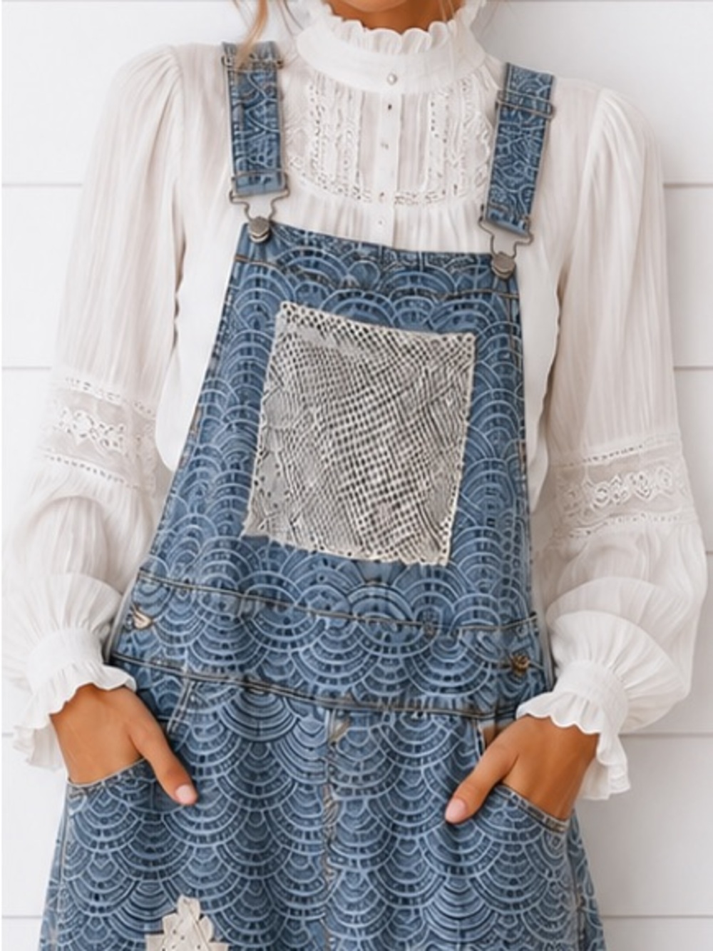 NEW POL : “The Blue Jay”Denim Overalls with Crochet Patch Accents - Picture 3 of 4
